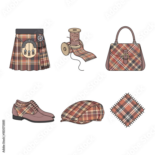 Collection of stylized tartan patterned fashion accessories and clothing for an elegant modern look