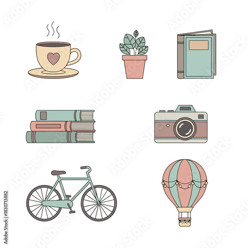 Collection of simple vector illustrations depicting everyday objects with soft pastel colors