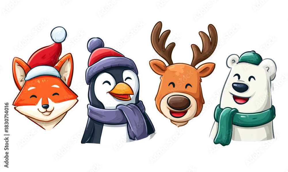 Fototapeta premium Group of happy cartoon animal heads wearing festive winter hats and scarves, celebrating the christmas holiday season