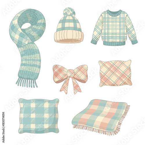 Charming plaid clothing and soft furnishing illustrations in a calming color palette