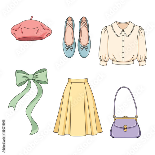 Stylish outfit illustration featuring a beret, ballet flats, blouse, skirt and bow accessories