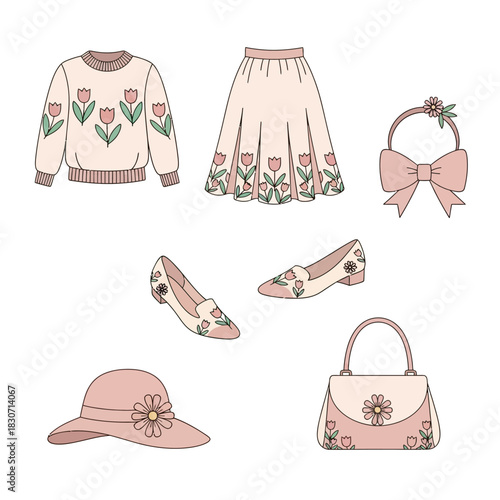Floral spring clothing set for girl, vector illustration with gentle pink hues and flower drawings