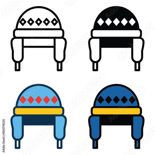 Earflaps winter hat icon collection in multiple styles: line, solid, flat, and flat line, perfect for digital design projects