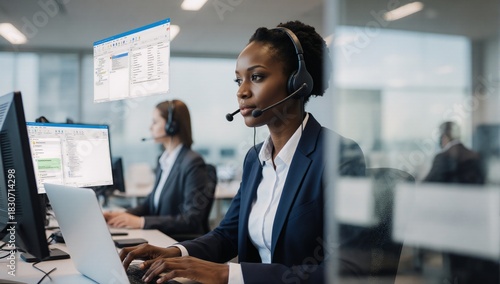 Office worker African consultant in customer service role with headset and laptop