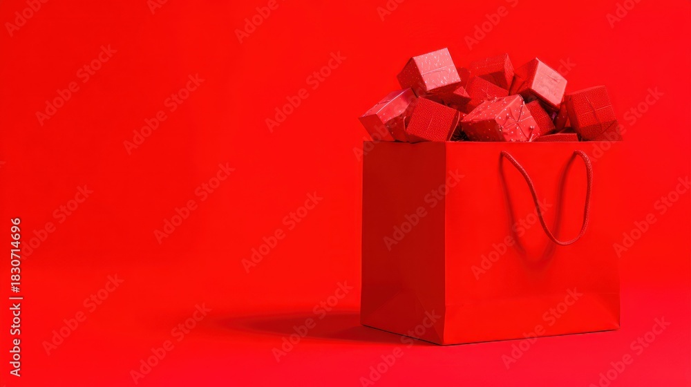 Fototapeta premium Red shopping bag filled with gift boxes on a red background