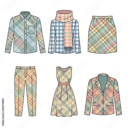 Assorted tartan apparel designs showcased on a white backdrop providing visual elements