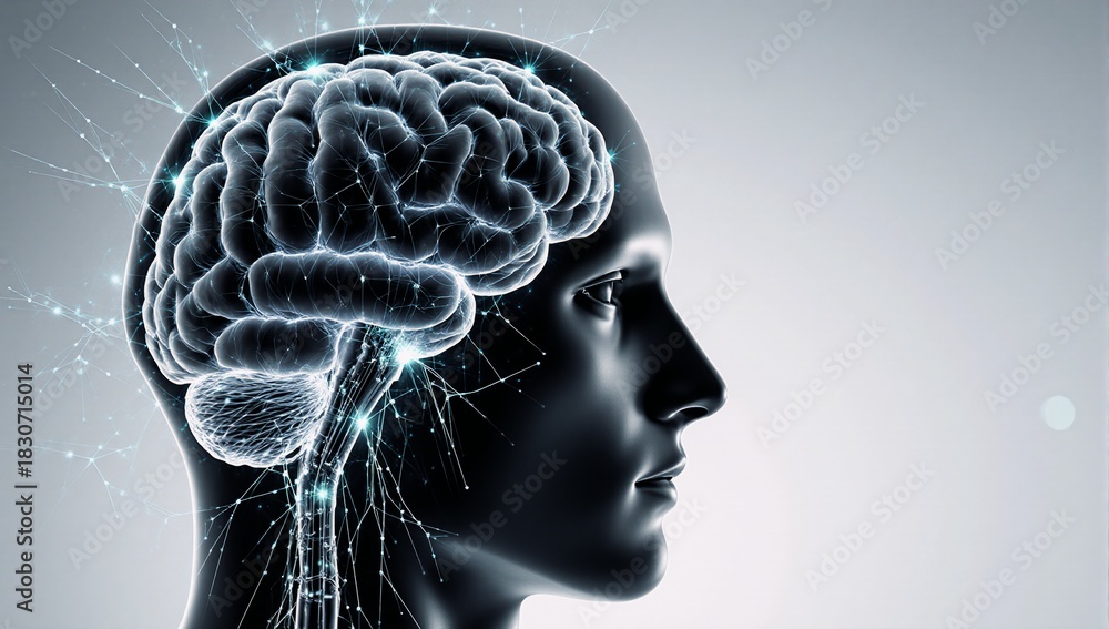 Obraz premium Futuristic bionic brain profile showcases AI technology concept with wireframe and data flow
