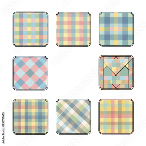 Nine square plaid patterns offering a diverse palette for creative textile applications or web