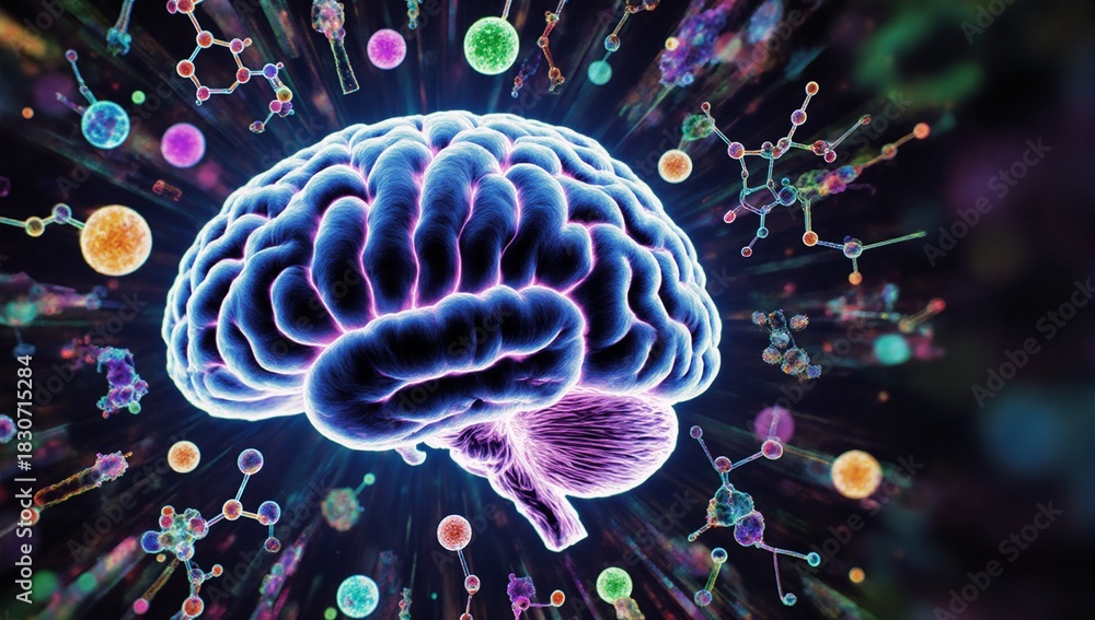 Obraz premium Stylized brain surrounded by vibrant scientific elements symbolizing knowledge and exploration