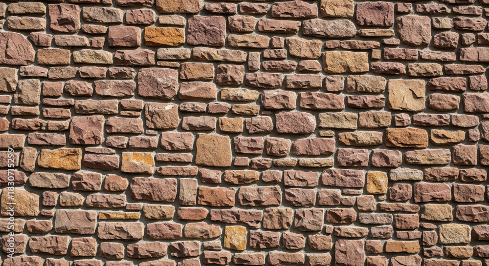 Fototapeta premium Natural stone wall texture background with irregular reddish brown blocks