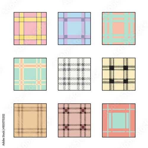 Harmonious array of nine distinct plaid patterns offering design versatility