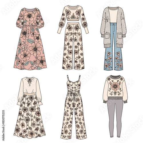 Fashionable apparel renderings showcase an array of modern floral designs and patterns for women