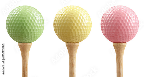 Three pastel golf balls on tees isolated on white background
