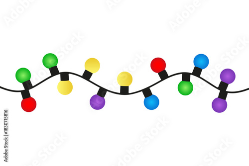 Vibrant, shiny, multi-colored string lights garland vector, perfect for borders and party decoration. Available as EPS, JPG, and transparent PNG illustration.