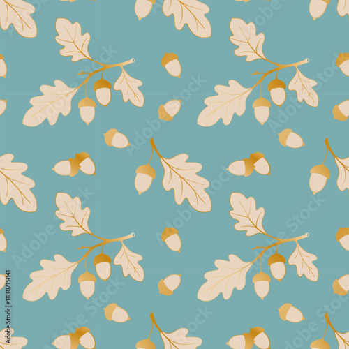 Blue pattern gold oak acorns, oak branches and acorn nuts contour. 
