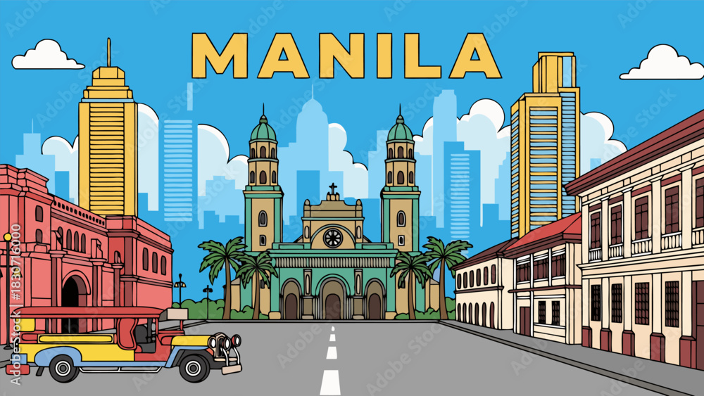 Obraz premium Manila Skyline Illustration Featuring Iconic Landmarks and Jeepney