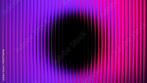Neon fractal glass illumination forming vivid circular core. Purple pink tones shift in fluid gradient with dark central void abd enhances sense of depth. Repeating glass structure with dynamic pulse