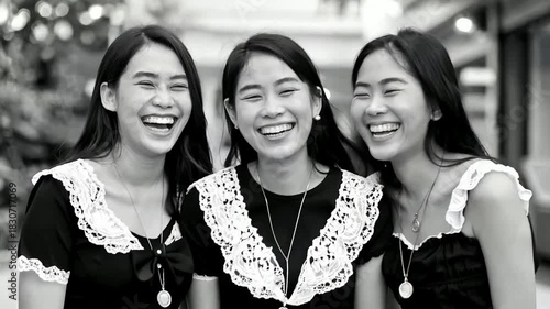 Laughing Young Women Embrace Outdoors in Black and White Portrait