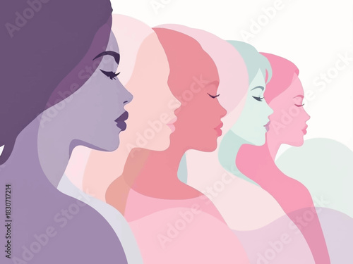 Diverse women's profiles in pastel colors, representing unity and strength.