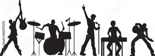 Black vector silhouette of a woman playing guitar in a jazz band with a flower bouquet illustration