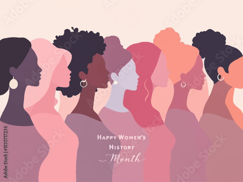 Diverse women in profile for Women's History Month, in shades of pink and purple.