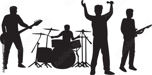 Silhouettes of people dancing, a vector illustration of a musician, men, and a woman at a restaurant or party enjoying music