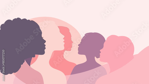 Silhouettes of diverse women in shades of pink, representing female empowerment and solidarity.