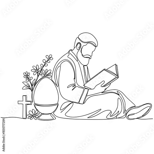 Christian man studying scripture near cross and Easter egg, simple black and white sketch of seated believer reading Bible, concept of faith, devotion, Easter reflection and spiritual growth