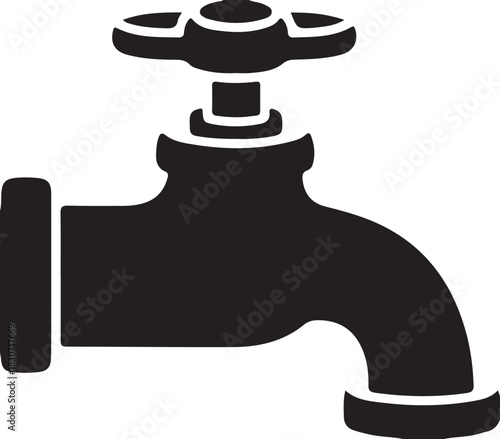 Isolated metal water faucet or tap with a blue drop and plumbing pipe silhouette against a white background
