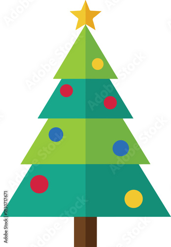 A modern flat-design Christmas tree illustration featuring geometric green layers with shadow effects, decorated with colorful round ornaments and topped with a yellow star.