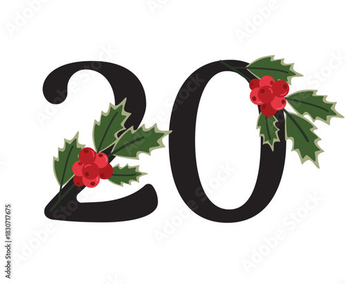 Christmas Number 20 with Holly Berries and Leaves Elegant Vector Illustration for Advent Calendars and Holiday Decor.