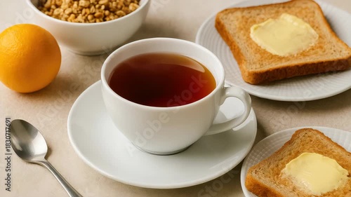 Close-up of a white cup of steaming black tea with buttered toast granola and an orange on a neutral table setting in soft natural light showcasing breakfast elements