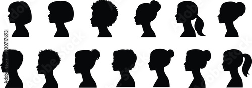 Women's head silhouettes, diverse female profile vector icons, variety of haircuts and hairstyles, black shapes isolated.