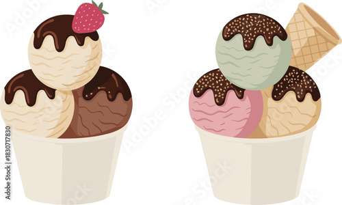 Ice cream scoops in paper cups, sweet dessert with chocolate sauce and sprinkles, summer treat vector illustration.