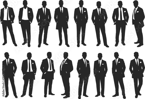 Businessmen silhouettes set, collection of professional men in suits, corporate male figures, black shapes isolated on white.