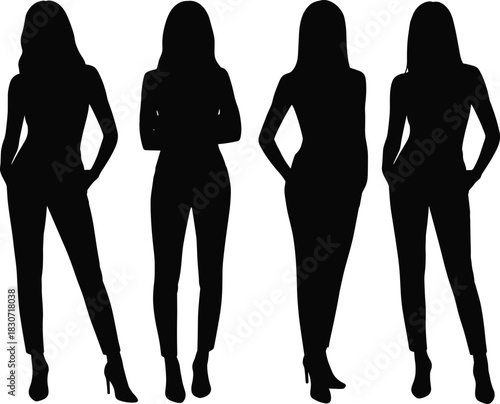 Business women silhouettes, professional female figures standing full length, office workers vector set, black shapes isolated.