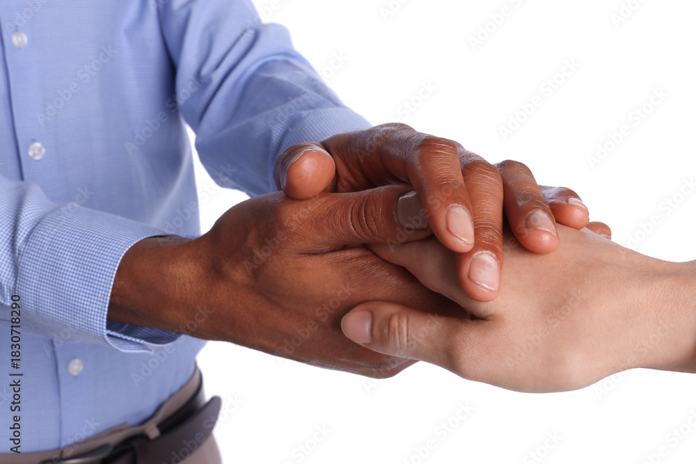 Fototapeta premium African-american man holding hands with woman on white background, closeup