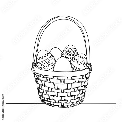 Easter eggs in wicker basket coloring page outline, black and white line drawing of woven basket filled with decorated spring eggs, festive illustration for kids activity, print or greeting design