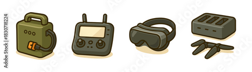 Field FPV gear cartoon icons set, controller goggles props charger