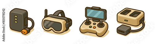 FPV and drone accessories cartoon icons set, batteries controllers goggles
