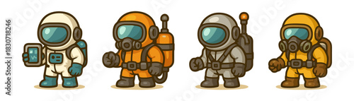 Hazmat and respirator suits cartoon icons set, safety technicians