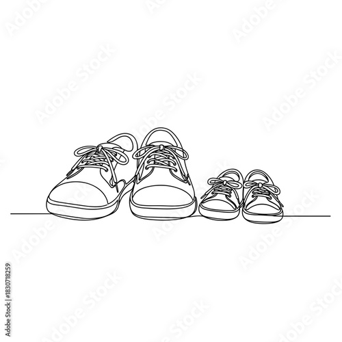 Family sneakers dad and baby shoes continuous line sketch, minimalist black and white drawing of two large and two tiny trainers in a row, symbol of parenthood,family growth, expectation. togetherness