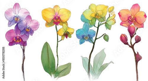 Watercolor Orchid Flowers Collection Artistic Floral Illustration on White Background