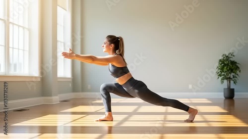 Woman Practicing Yoga in Bright Room - A Serene Fitness Routine.