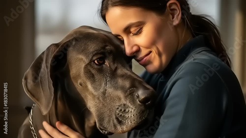 Woman Hugging Her Beloved Great Dane Dog Close Up Portrait.