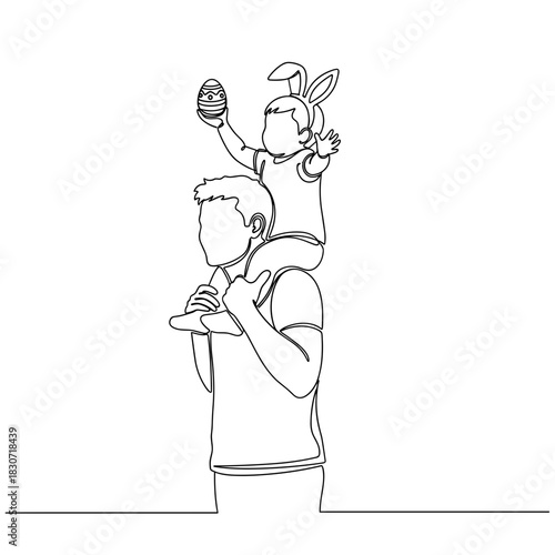 Father carrying toddler in bunny ears with easter eggs line art, dad walking with child on shoulders holding painted eggs, joyful spring holiday family moment