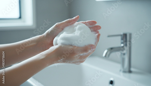 Wallpaper Mural 濃密な泡で洗顔の準備をする日本人女性の手 Torontodigital.ca