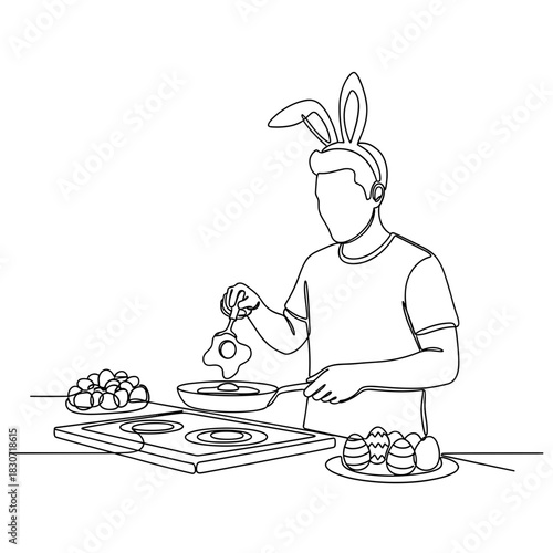 Father in bunny ears cooking easter breakfast line art, cheerful dad frying eggs with rabbit headband, festive family morning, fun holiday kitchen illustration
