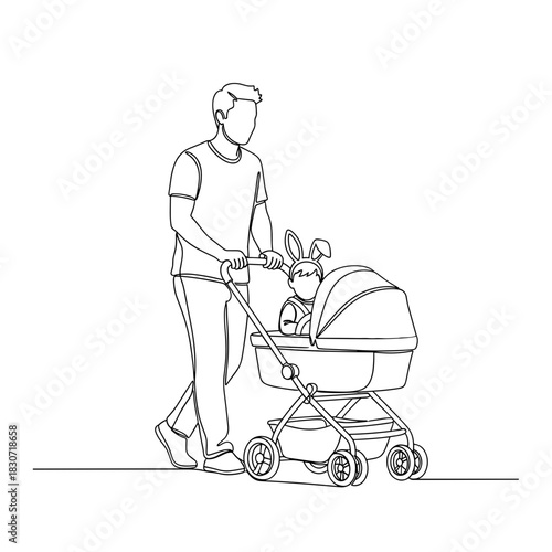 Father pushing baby stroller with easter bunny toy minimal line art, young dad walking with pram, cute rabbit plush inside carriage, concept of parenthood care and holiday mood