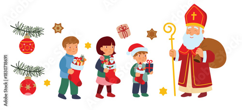 St Nicholas with Children and Gifts. Cute Vector Illustration of German Holiday Tradition and Celebration
